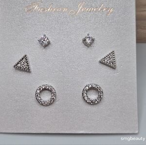 ✨2/$10✨ Set Studs Earring Silver-Tone Cubic Zirconia Round Triangle Sparkly New